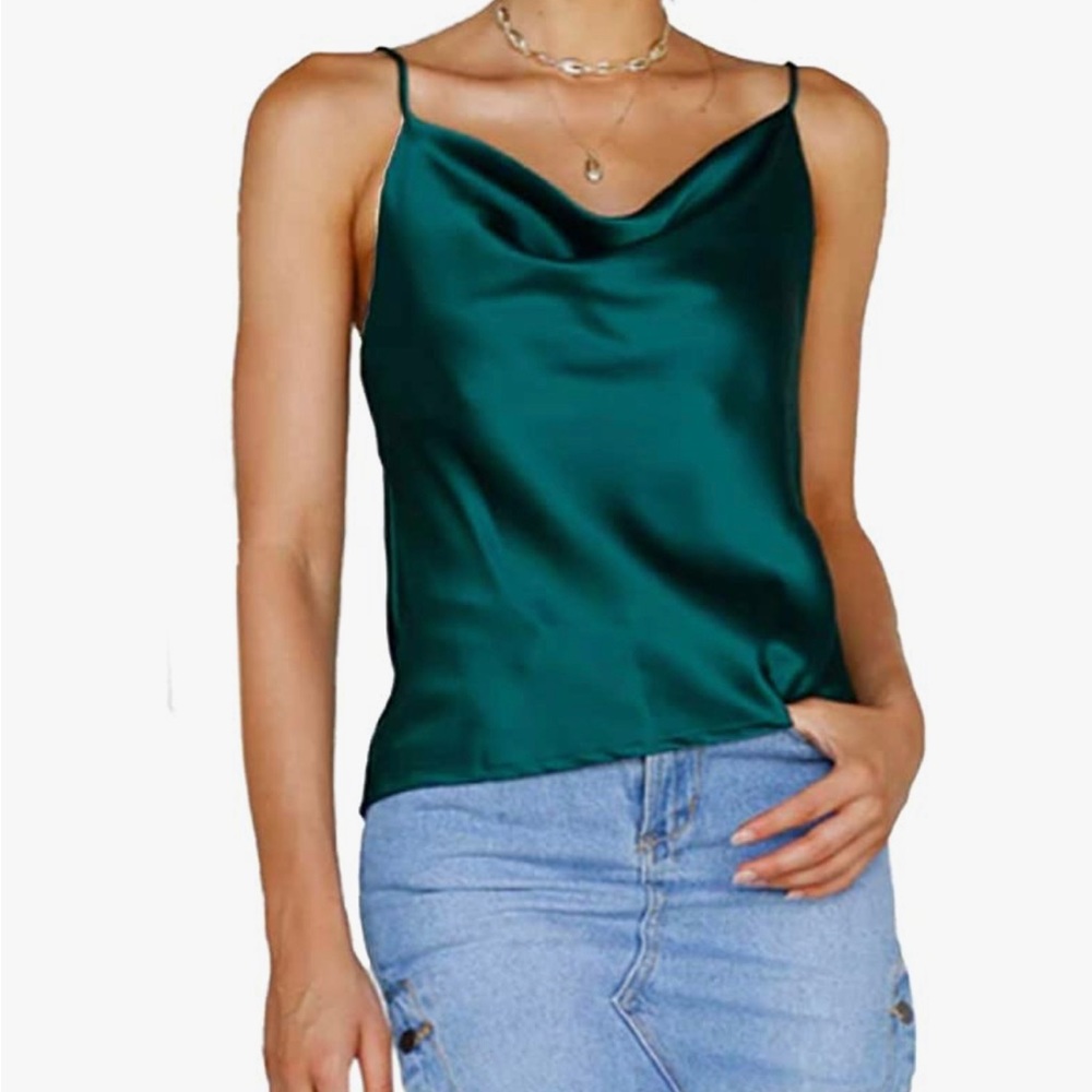 Women Cowl Neck Silky Cami Tank Top Soft Summer Strappy Camisole Crop Top